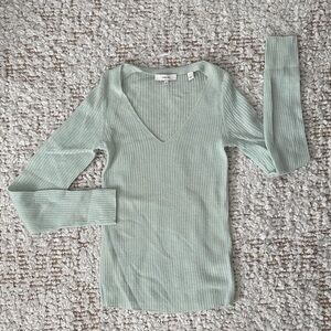 Vince. Mint Green Ribbed V-Neck Sweater